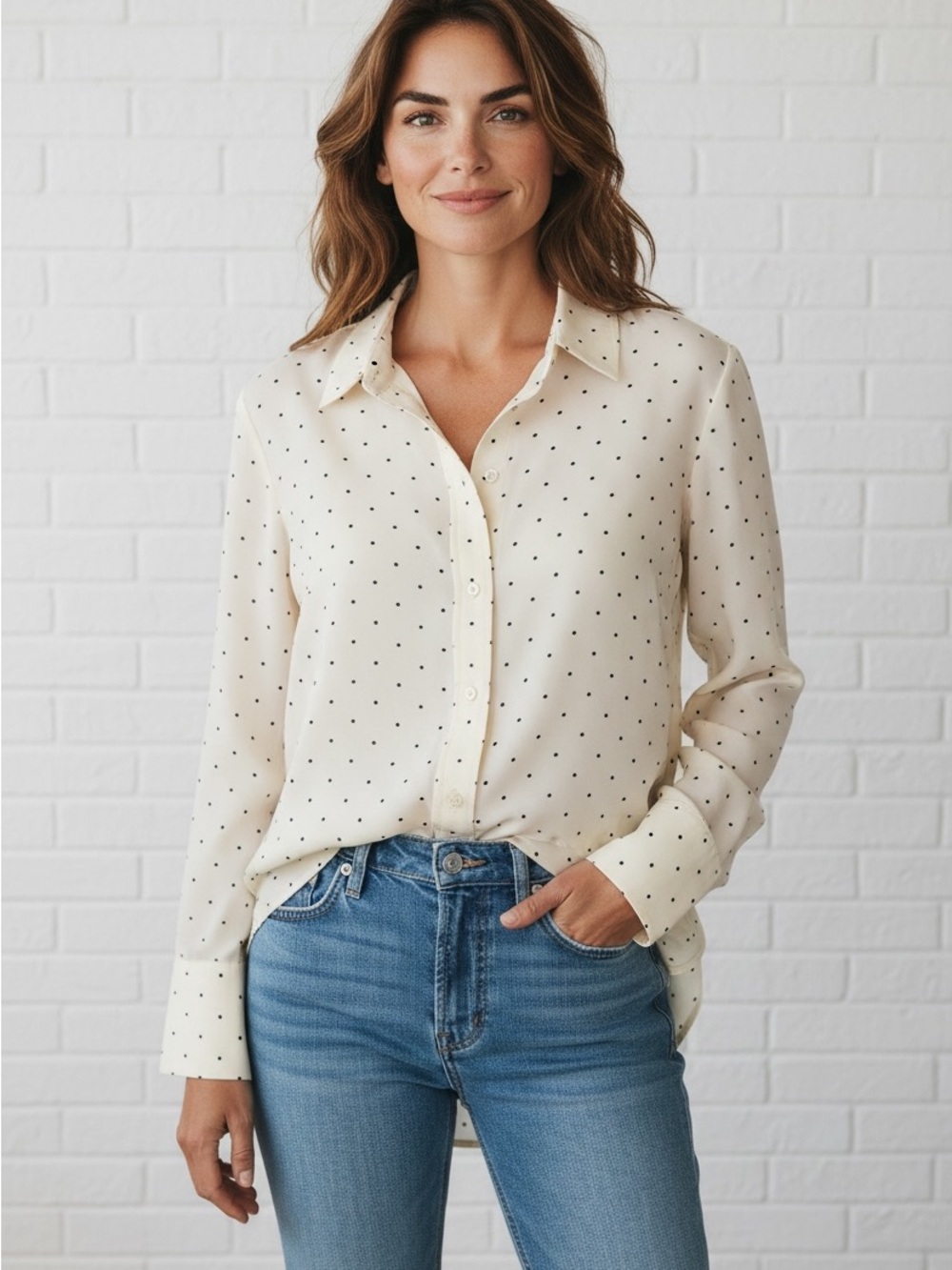 Light Pink Polka Dot Button-Down Blouse - Size M
